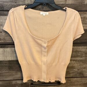 No Comment Light Beige Short Sleeve Button-Down Knit Top